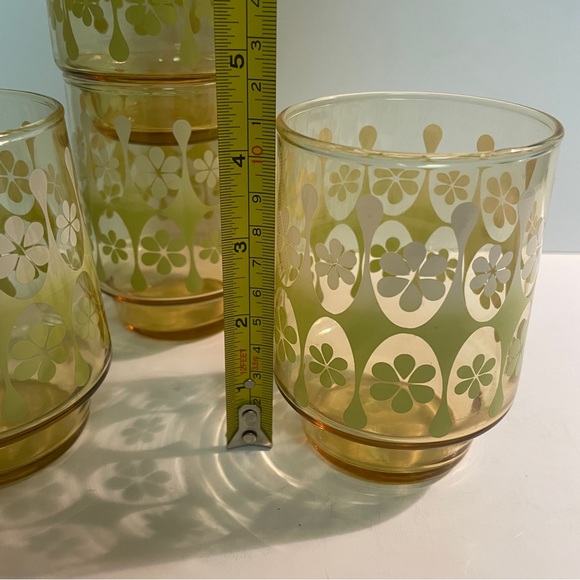 MCM VTG Libbey Yellow Glass Retro Daisy Tumblers Set of 4 White Green Glasses - Picture 6 of 7